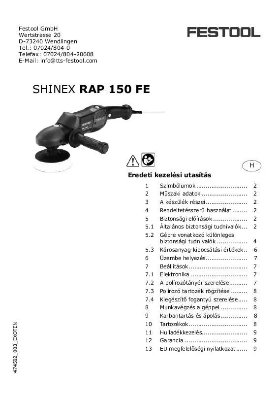 Mode d'emploi FESTOOL SHINEX RAP 150 FE