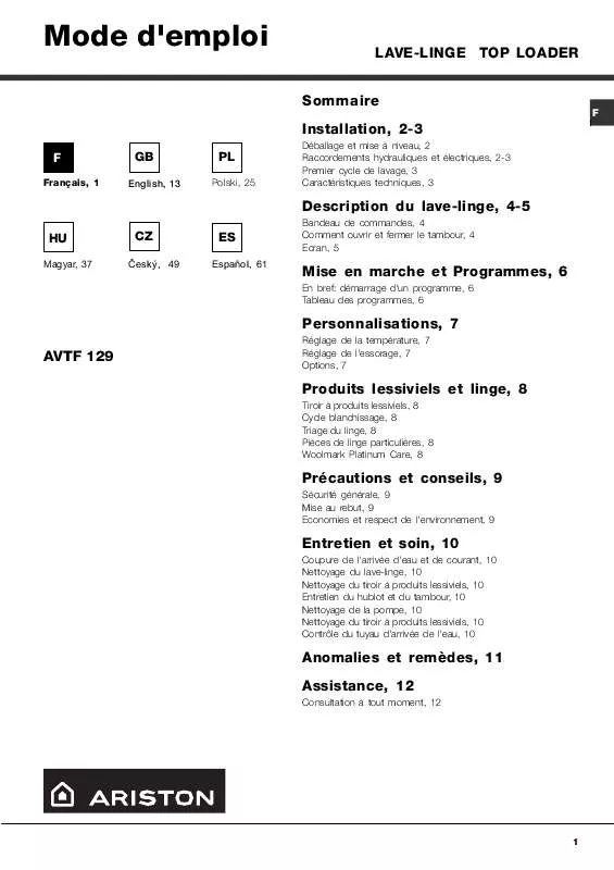 Mode d'emploi HOTPOINT-ARISTON AVTF 129