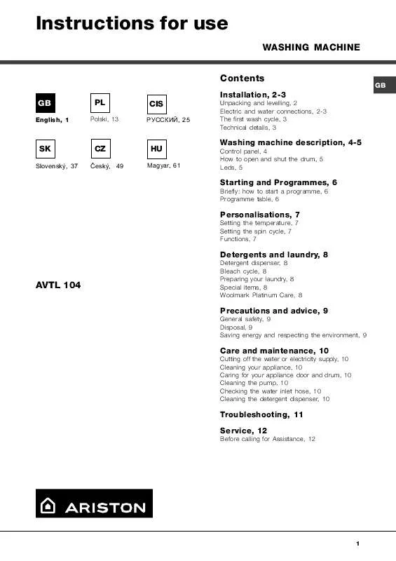 Mode d'emploi HOTPOINT-ARISTON AVTL 104