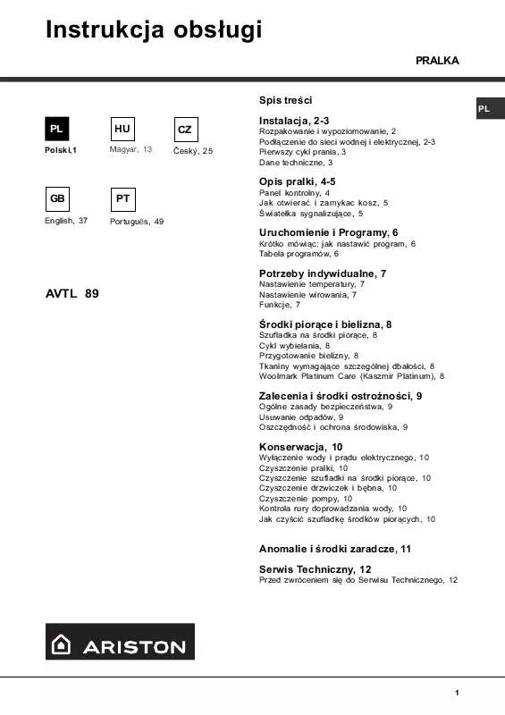 Mode d'emploi HOTPOINT-ARISTON AVTL 89