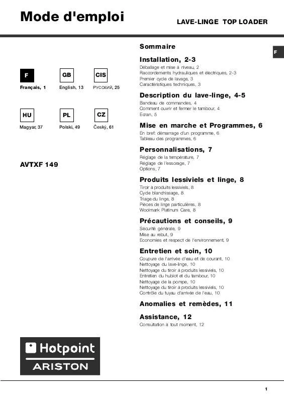 Mode d'emploi HOTPOINT-ARISTON AVTXF 149