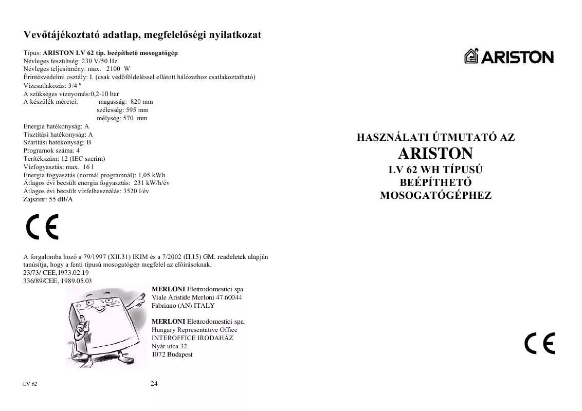 Mode d'emploi HOTPOINT-ARISTON LV 62 WH