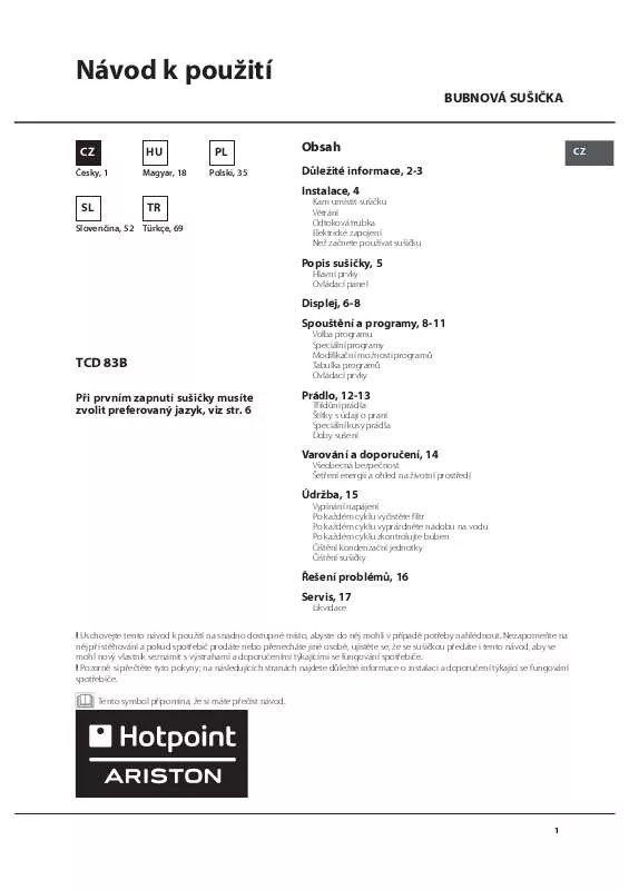 Mode d'emploi HOTPOINT TCD 83B 6H/Z