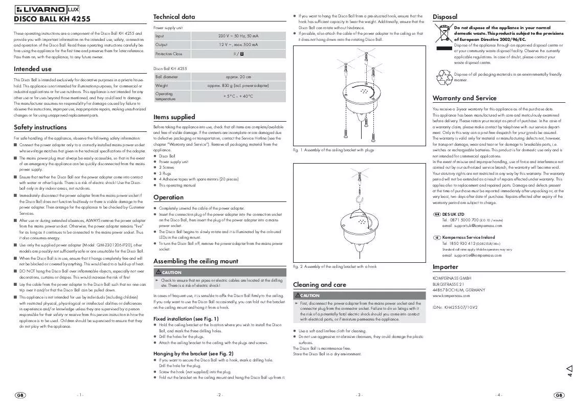 Mode d'emploi LIVARNO KH 4255 DISCO BALL