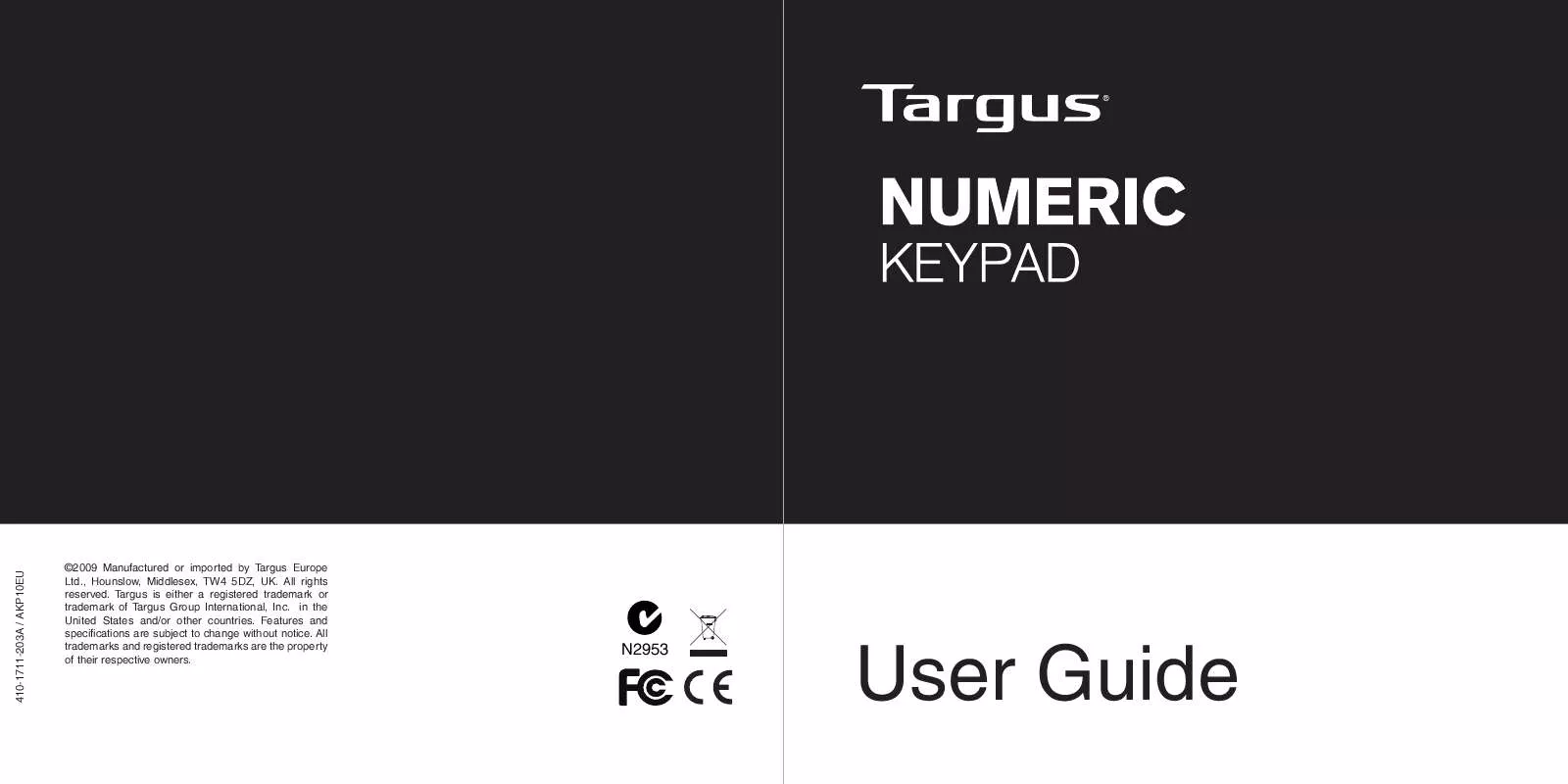 Mode d'emploi TARGUS NUMERIC KEYPAD