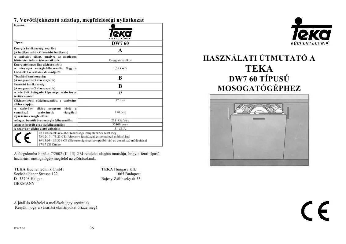 Mode d'emploi TEKA DW7 60