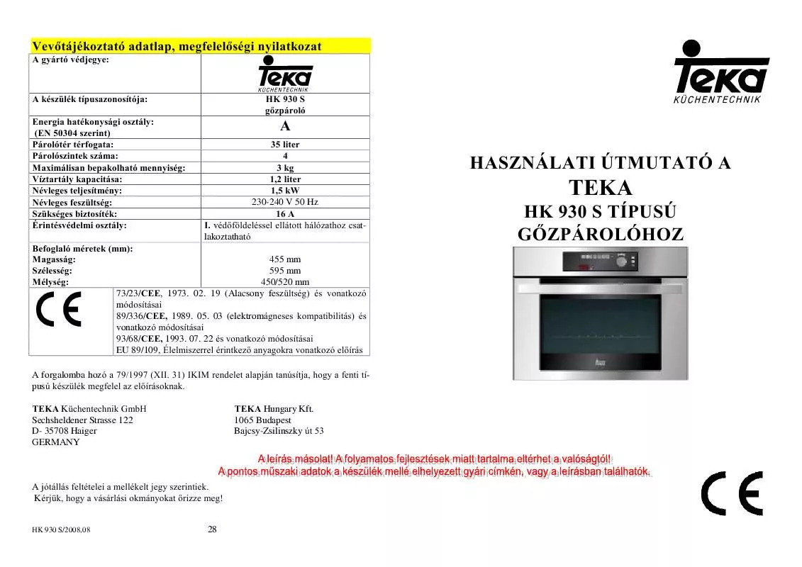 Mode d'emploi TEKA HK 930 S