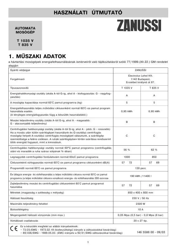 Mode d'emploi ZANUSSI T1035V